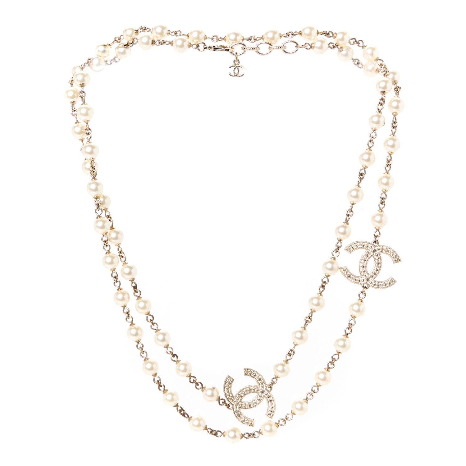 Crystal Pearl CC Long Necklace Gold