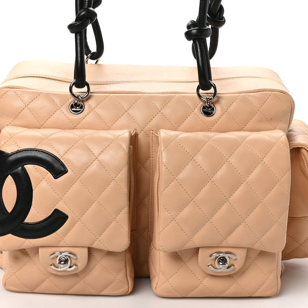 Calfskin Quilted Large Cambon Multipocket Reporter Beige Black