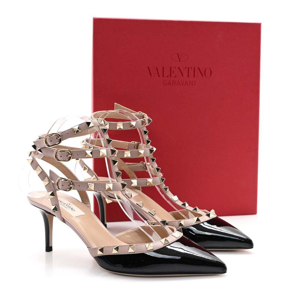 Calfskin Nappa Rockstud Ankle Strap 65mm Pumps 39.5 Black Poudre