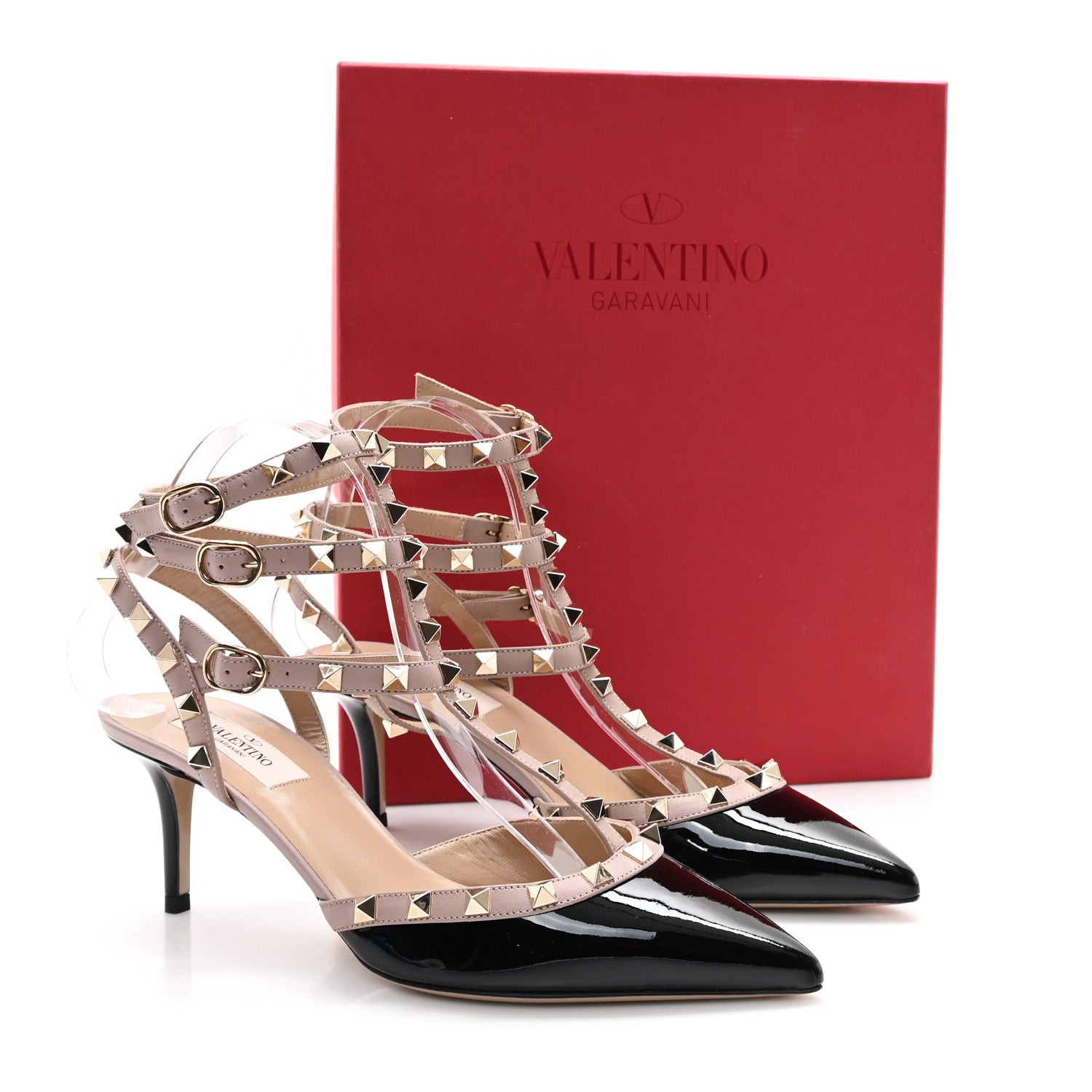 Calfskin Nappa Rockstud Ankle Strap 65mm Pumps 39.5 Black Poudre