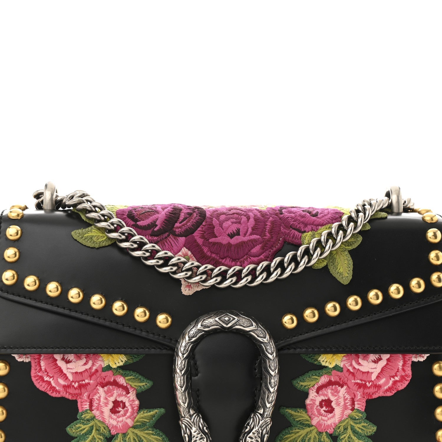 Calfskin Floral Embroidered Studded Small Dionysus Shoulder Bag Black