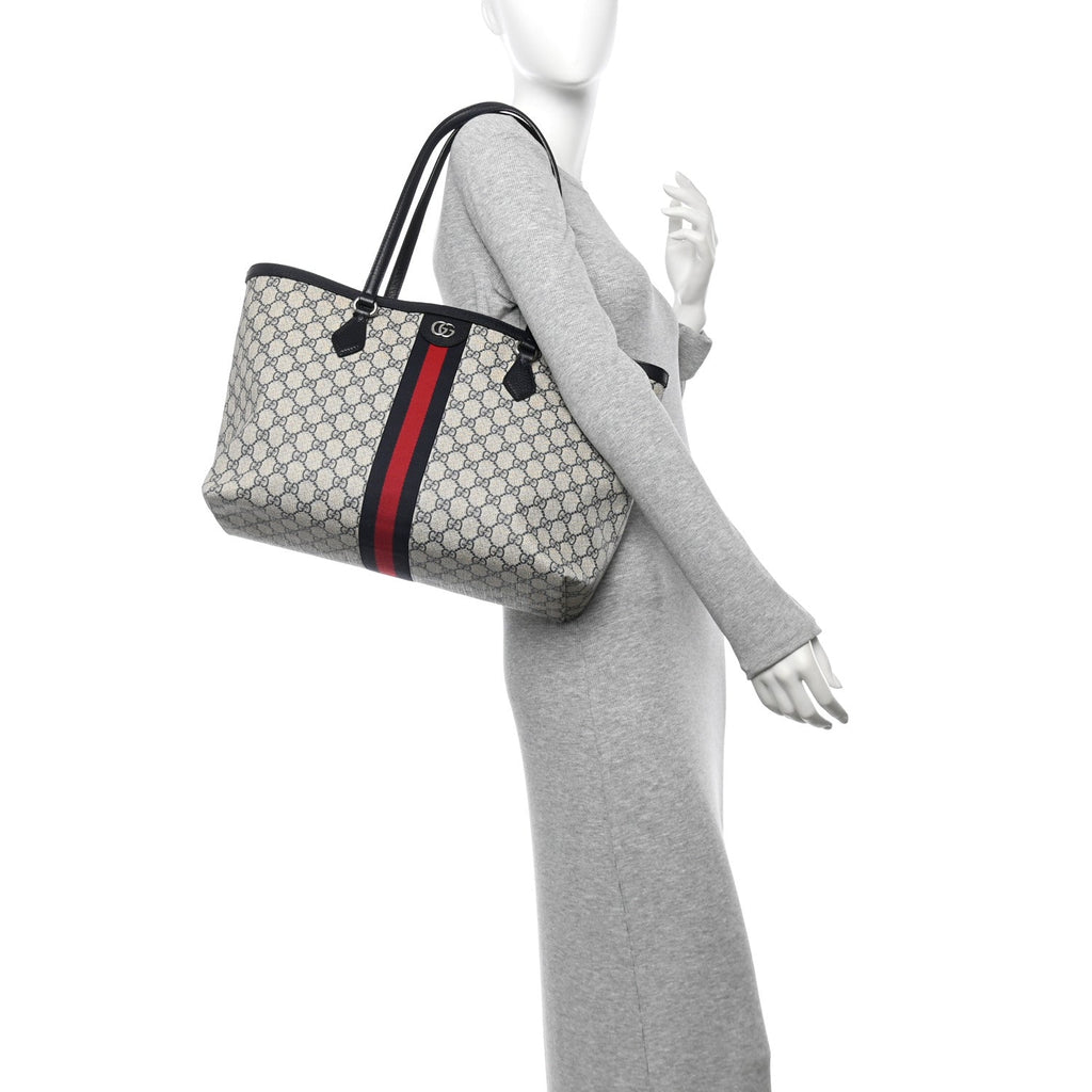 GG Supreme Monogram Textured Calfskin Web Medium Ophidia Shopping Tote Beige Blue
