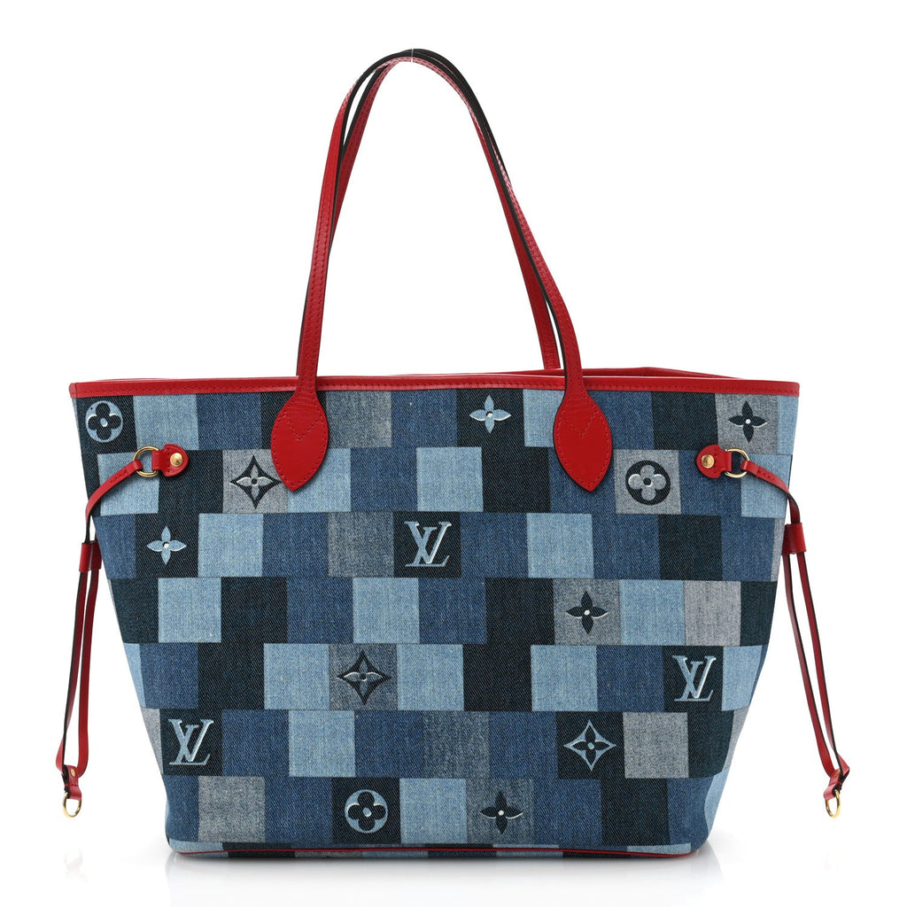 Denim Damier Monogram Patchwork Neverfull Blue Rouge