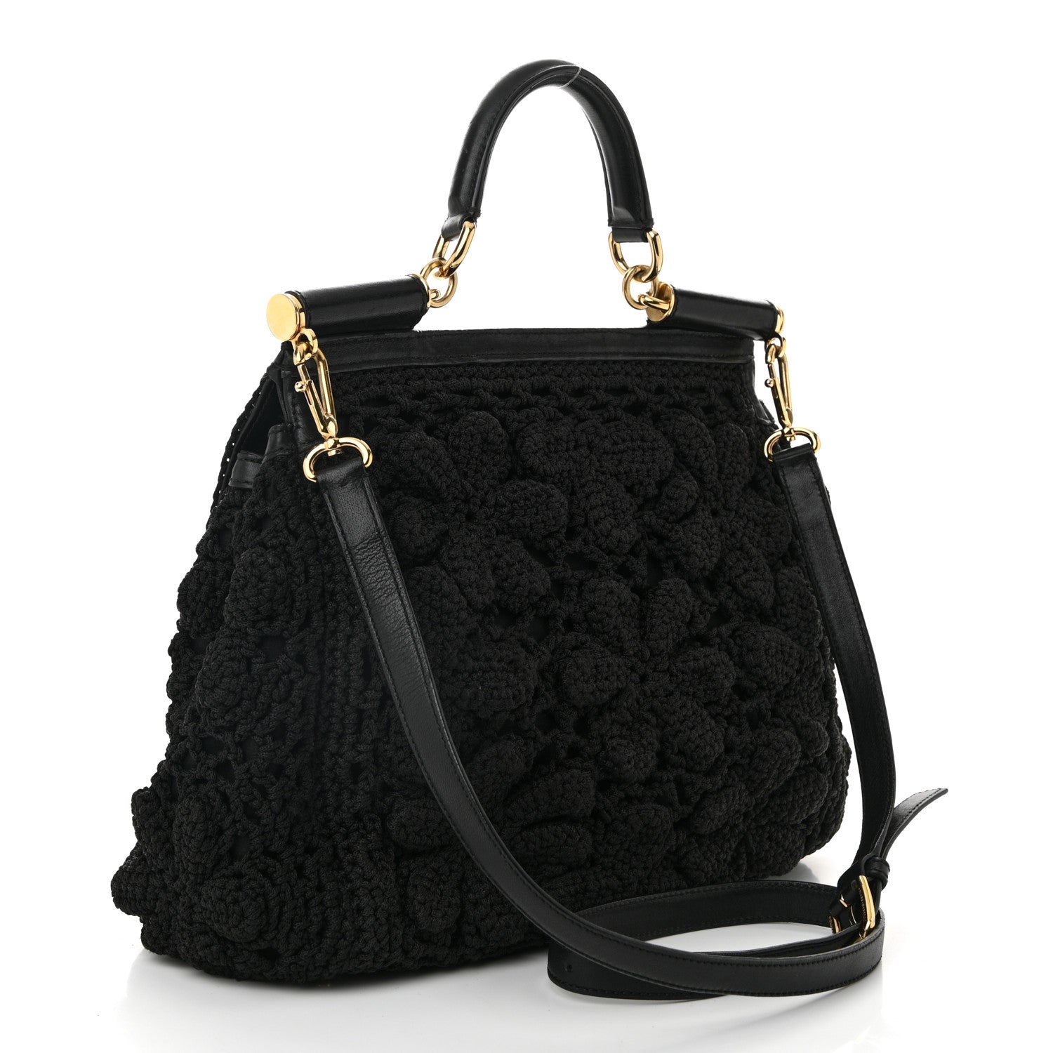 Calfskin Floral Knit Large Miss Sicily Satchel Black