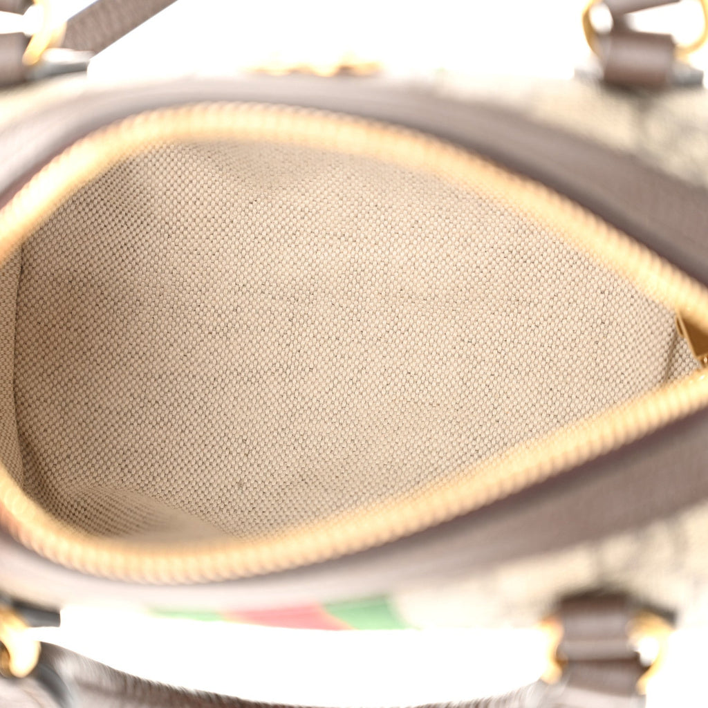 GG Supreme Monogram Textured Dollar Calfskin Web Super Mini Ophidia Top Handle Bowler Bag Beige Ebony New Acero