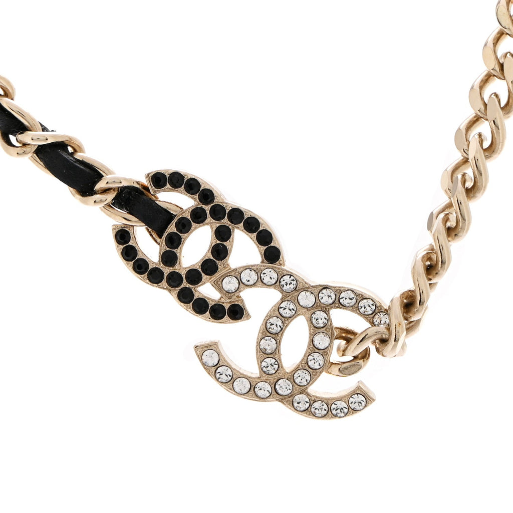 Metal Calfskin Crystal Double CC Short Necklace Black Gold