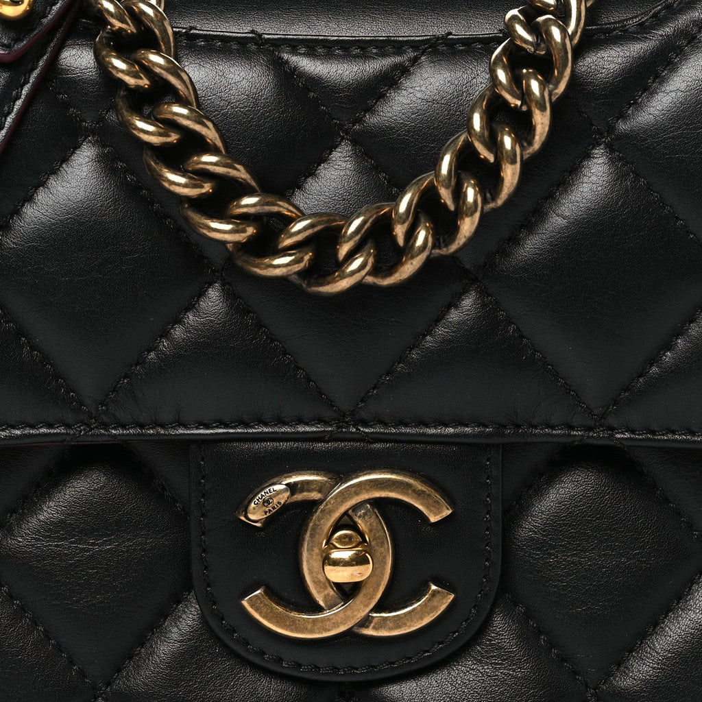 Glazed Calfskin Quilted Medium Perfect Edge Flap Black