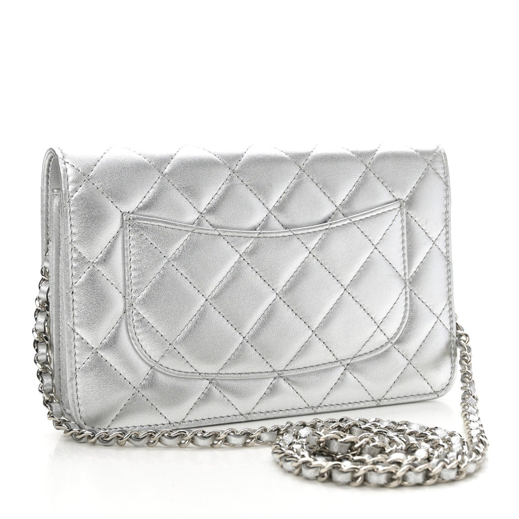 Metallic Lambskin Quilted Wallet On Chain WOC Silver