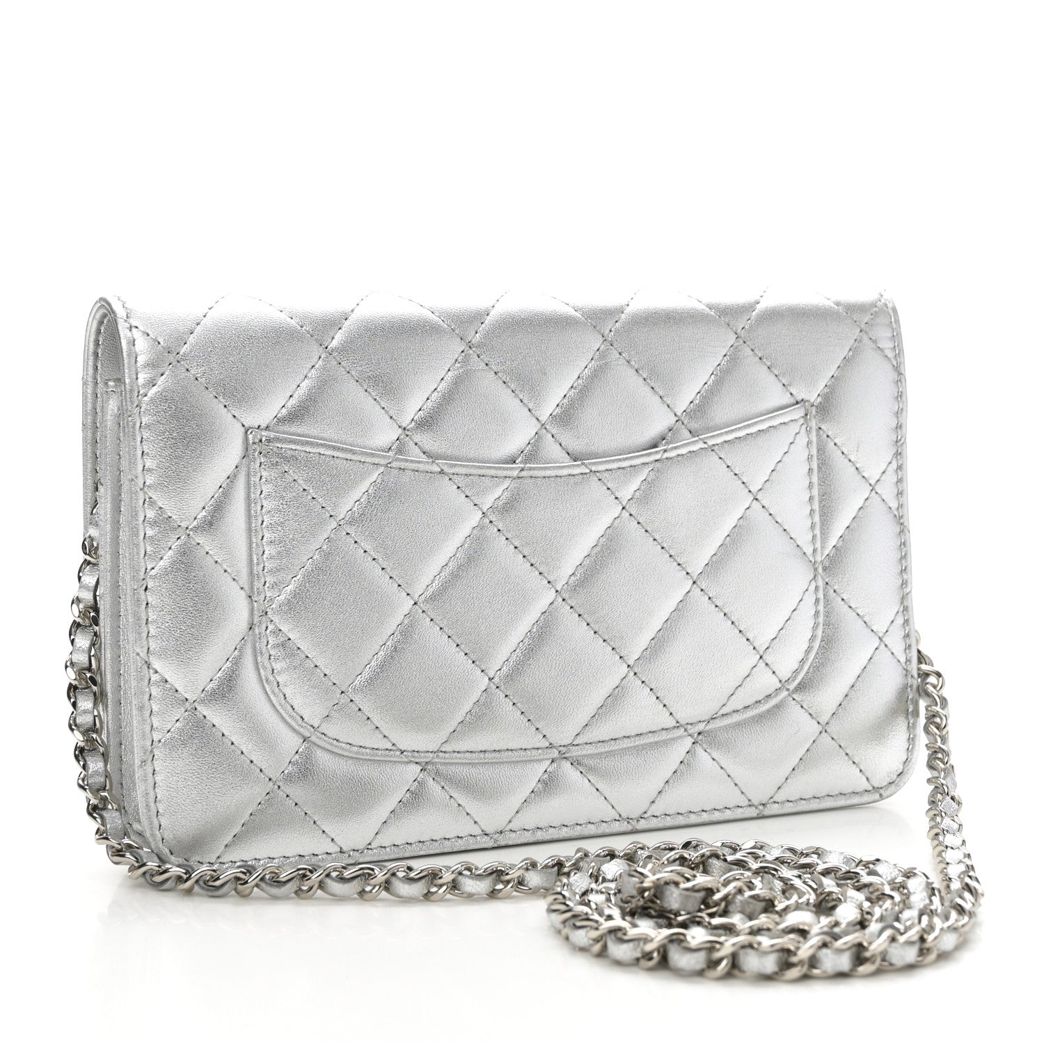 Metallic Lambskin Quilted Wallet On Chain WOC Silver