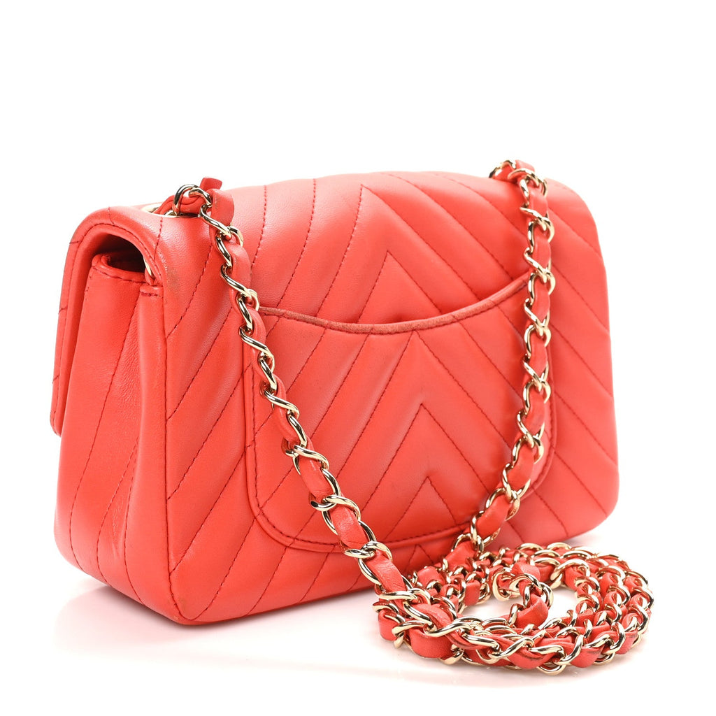 Lambskin Chevron Quilted Mini Rectangular Flap Red