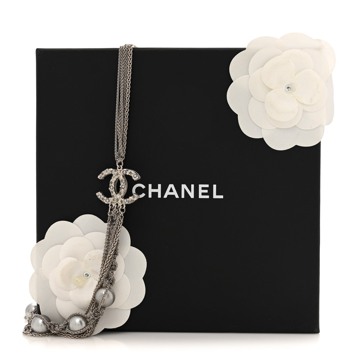 Crystal Pearl Multi Strand Chain CC Long Necklace  Silver