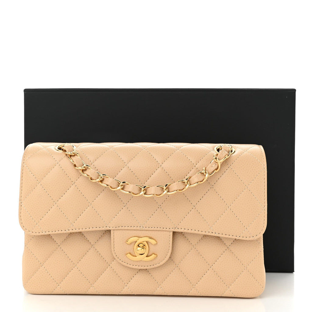 Caviar Quilted Small Double Flap Beige