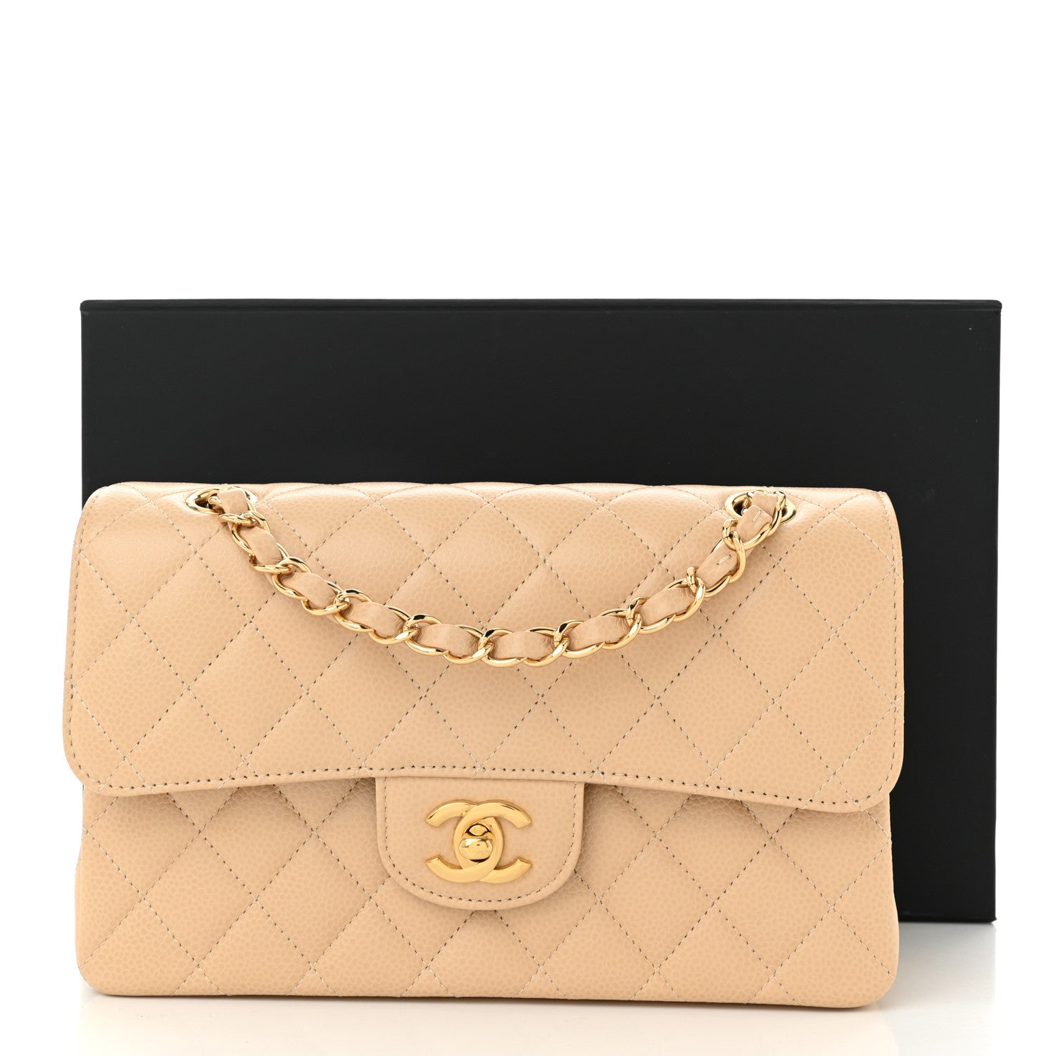 Caviar Quilted Small Double Flap Beige
