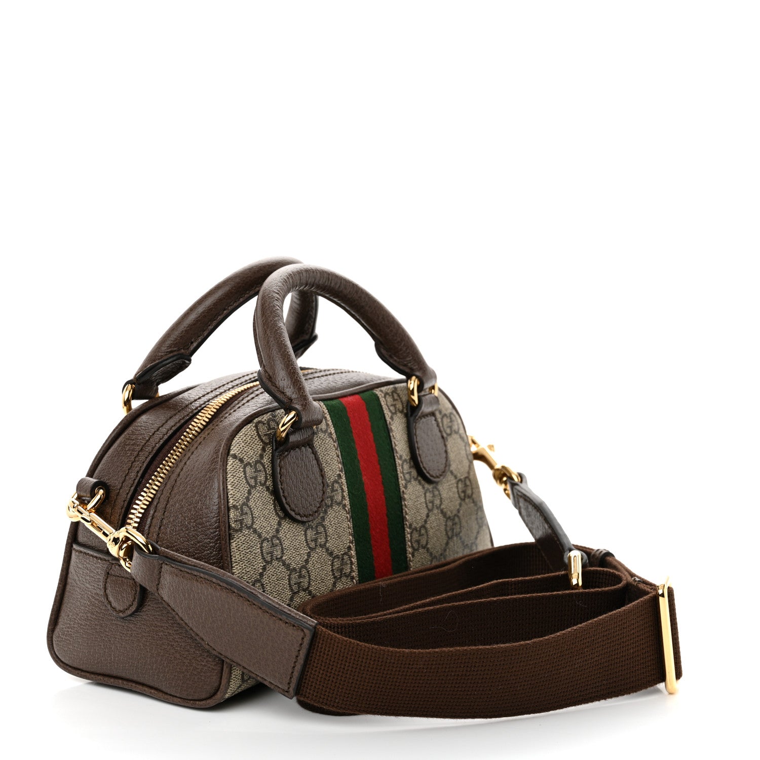 GG Supreme Monogram Textured Dollar Calfskin Web Mini Ophidia Top Handle Bowler Bag Beige Ebony New Acero