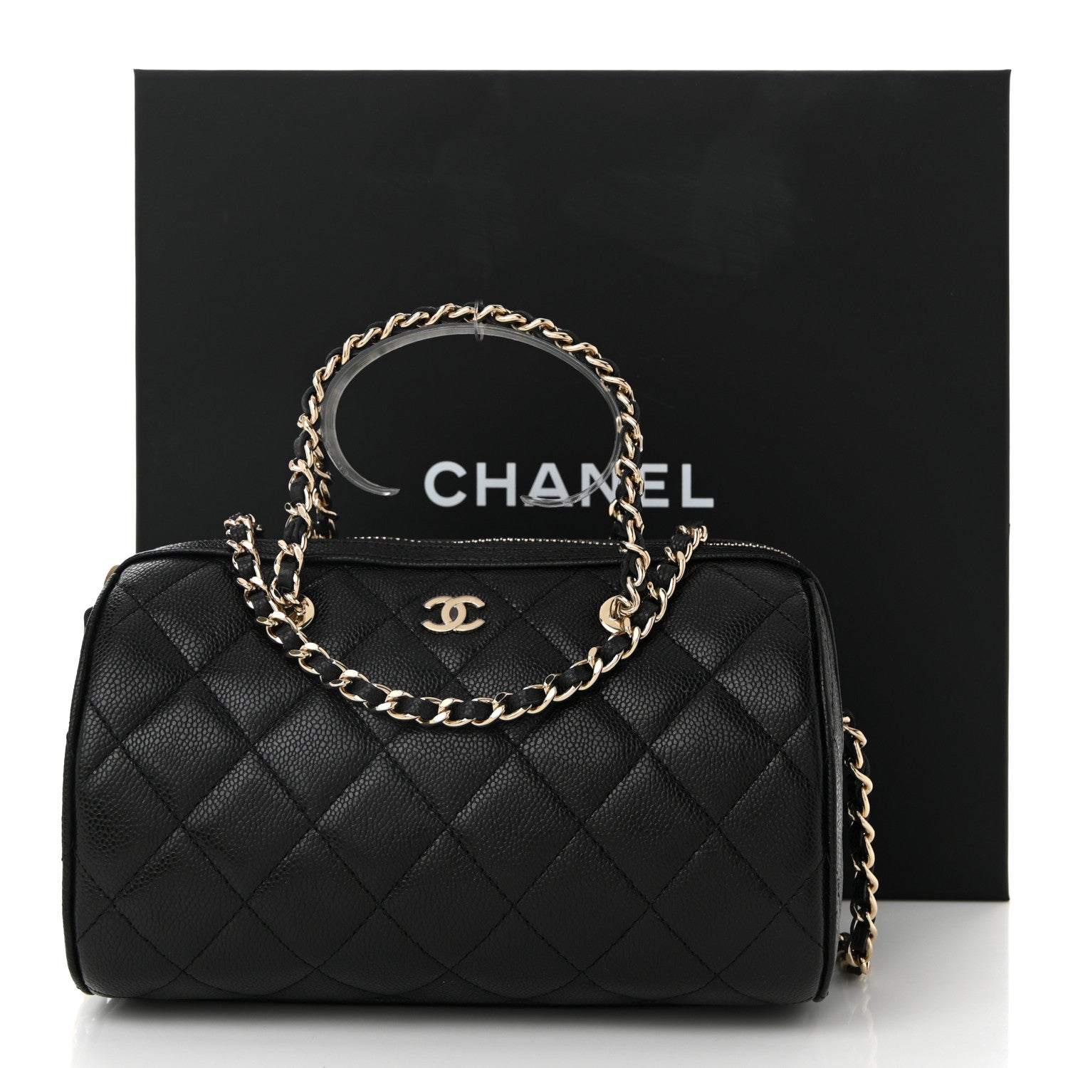 Caviar Quilted Barrel Clutch With Chain Black