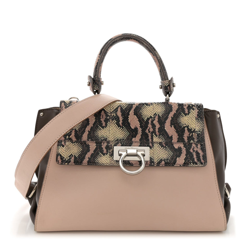 Calfskin Snakeskin Medium Sofia Satchel Beige Brown Multicolor
