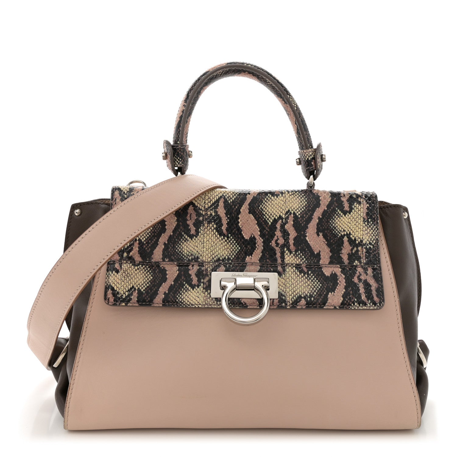 Calfskin Snakeskin Medium Sofia Satchel Beige Brown Multicolor