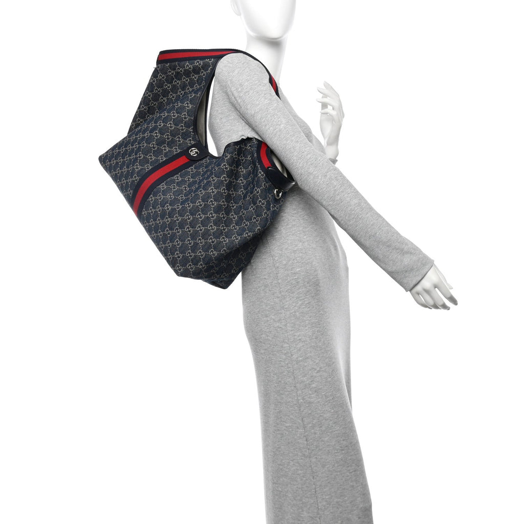 Denim GG Monogram Web Large Giglio Tote Blue