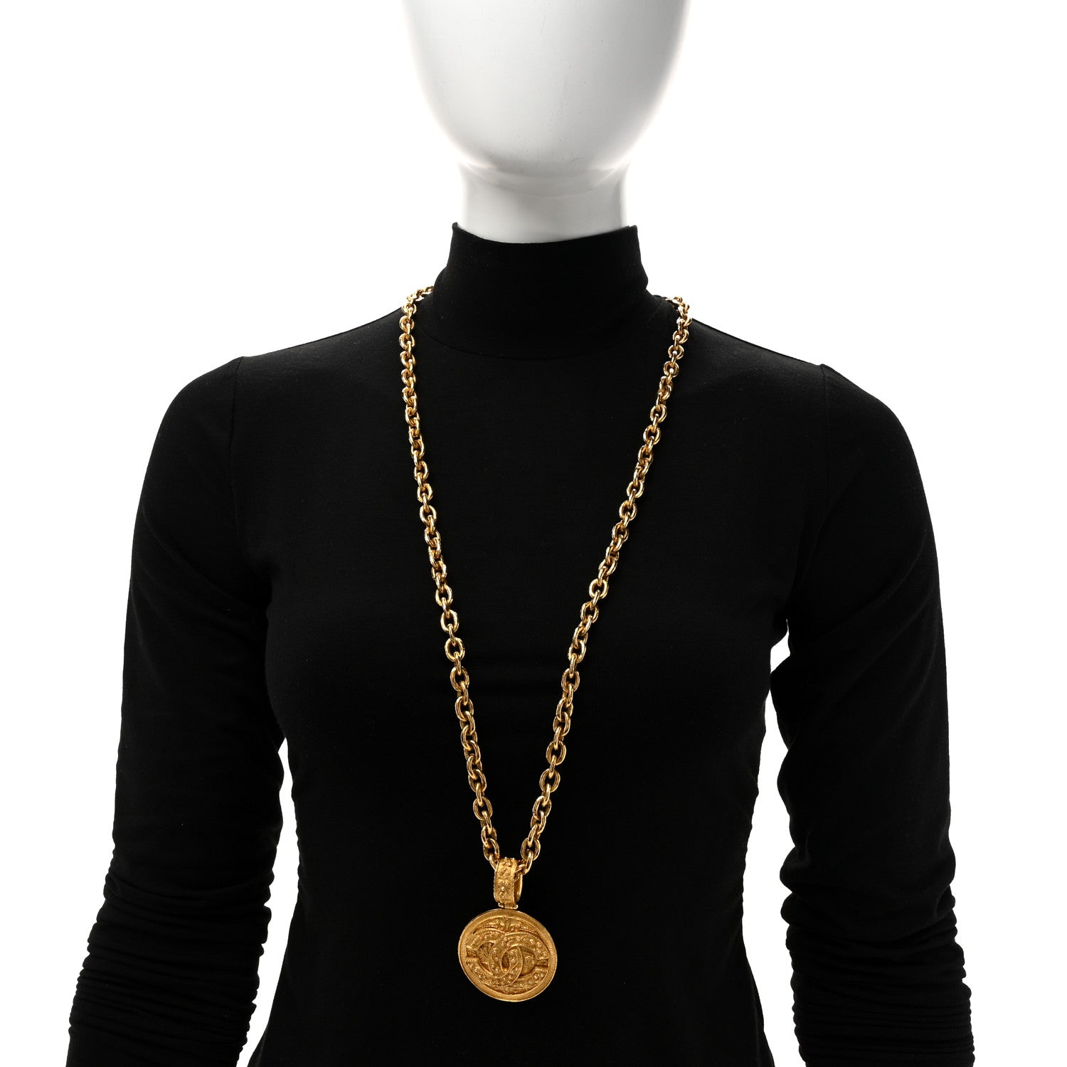 CC Medallion Long Chain Necklace Gold