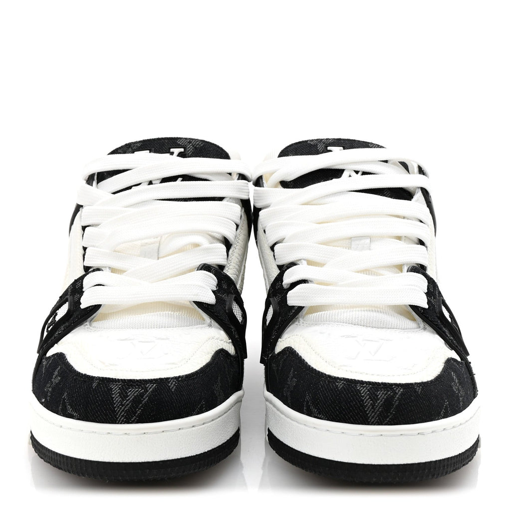 Calfskin Embossed Monogram Denim Mens LV Trainer Sneakers 9 Black