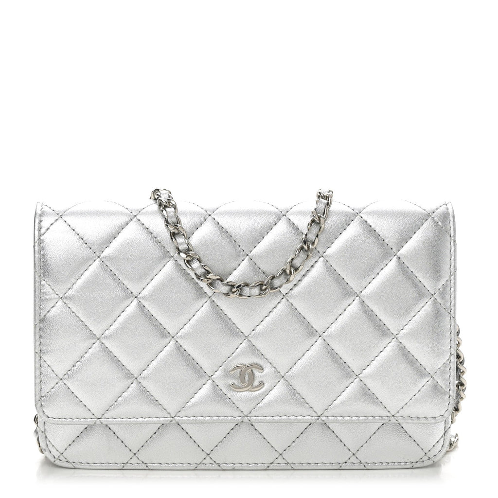 Metallic Lambskin Quilted Wallet On Chain WOC Silver