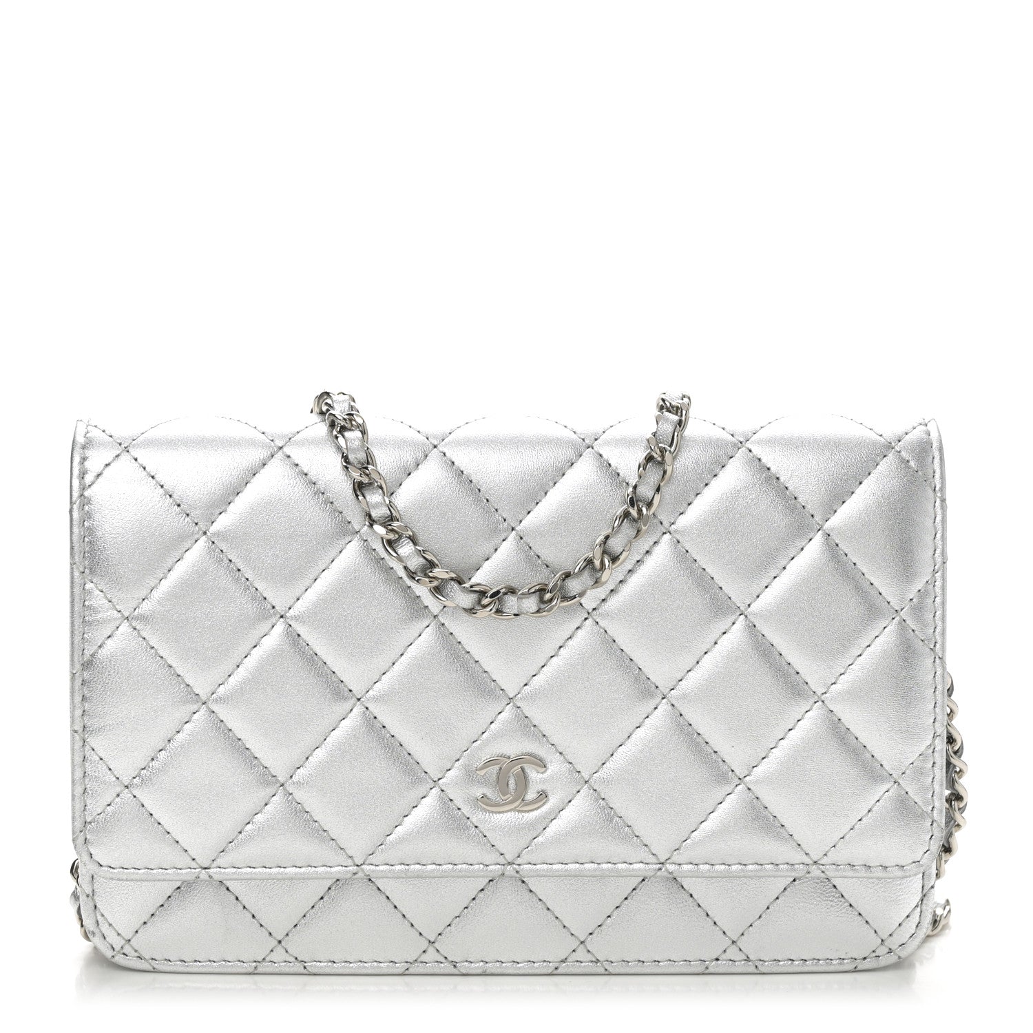 Metallic Lambskin Quilted Wallet On Chain WOC Silver