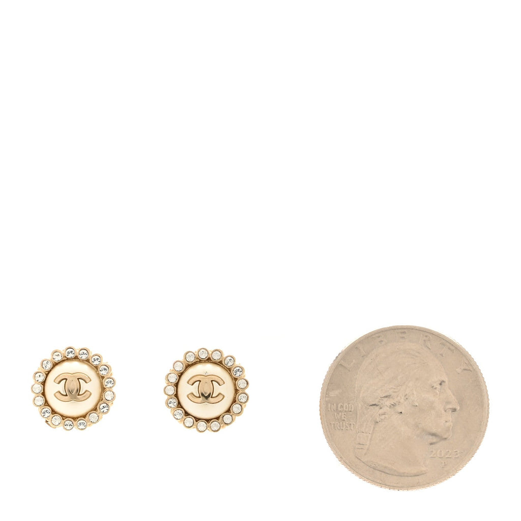 Metal Pearl Crystal CC Round Earrings Light Gold