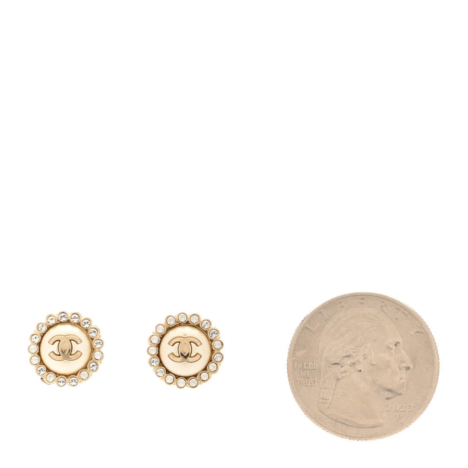 Metal Pearl Crystal CC Round Earrings Light Gold