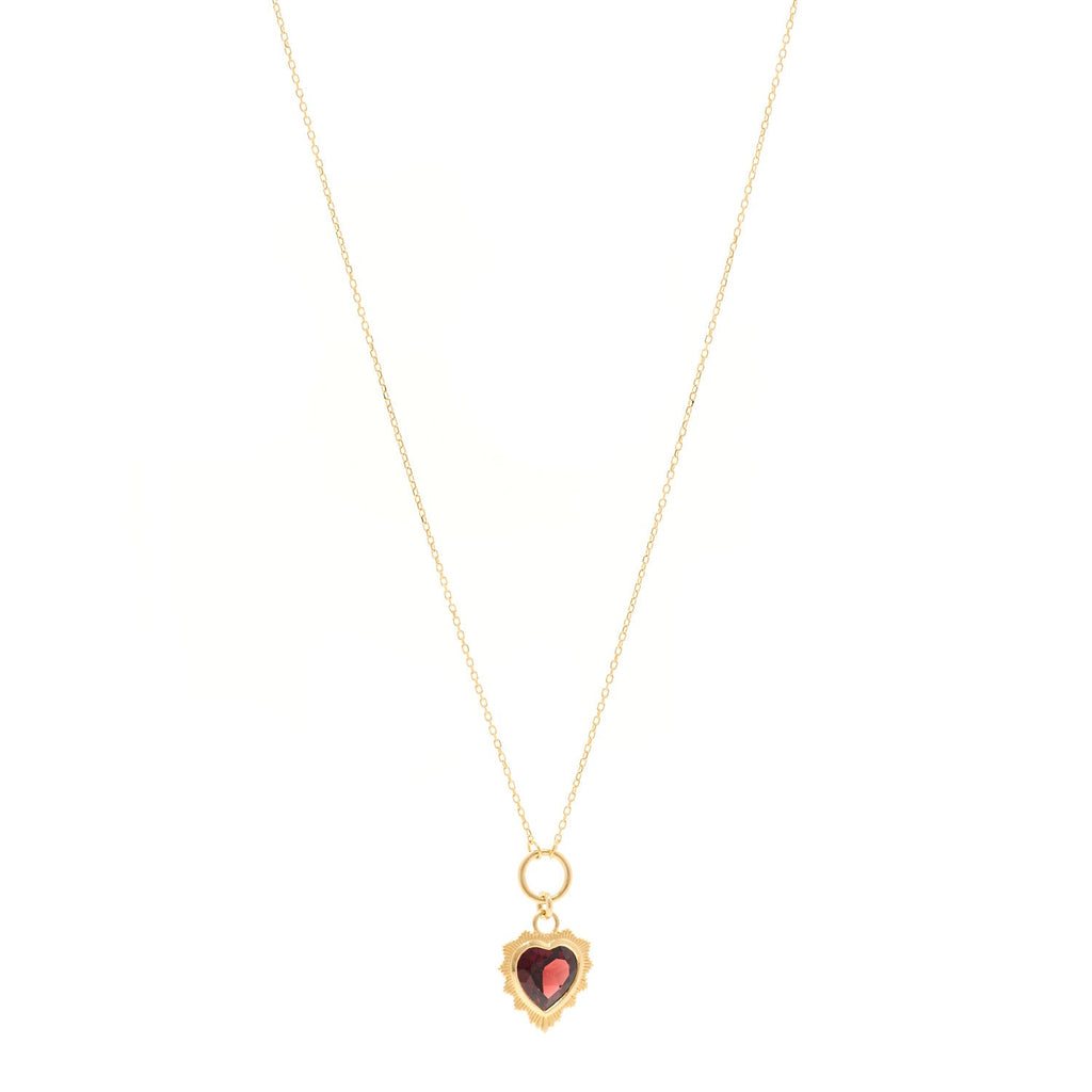 18K Yellow Gold Garnet Heart Love Miniature Medallion Belcher Chain Necklace