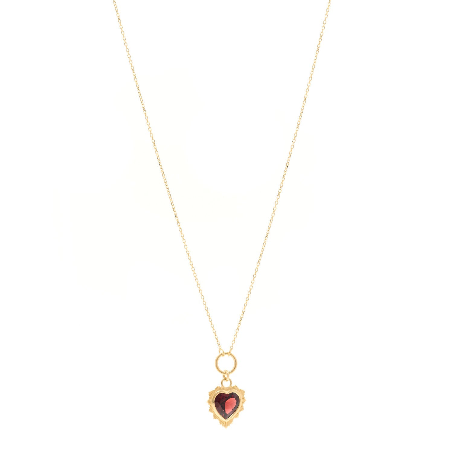 18K Yellow Gold Garnet Heart Love Miniature Medallion Belcher Chain Necklace