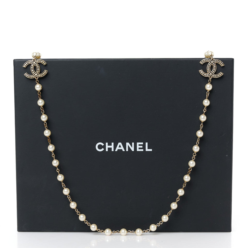 Crystal Pearl CC Long Necklace Gold