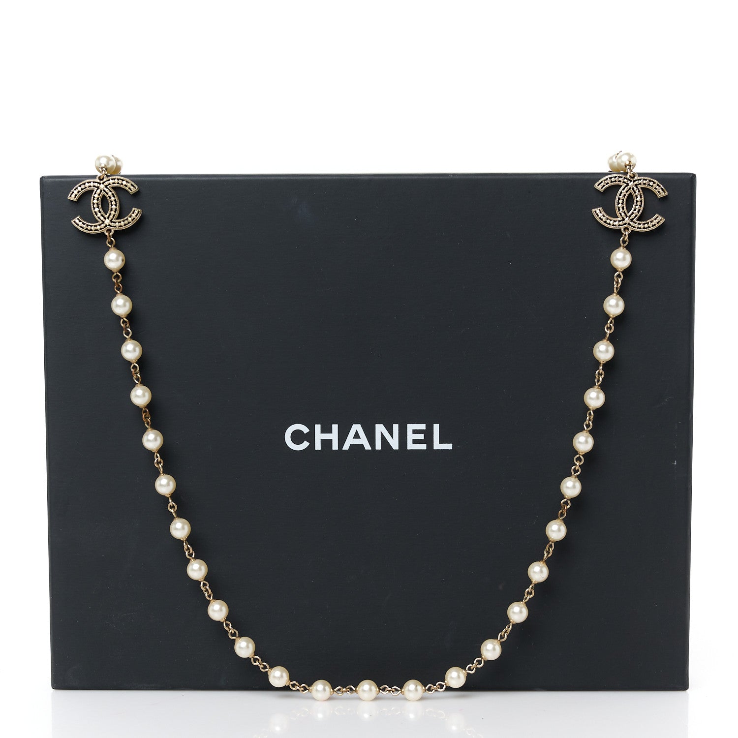 Crystal Pearl CC Long Necklace Gold