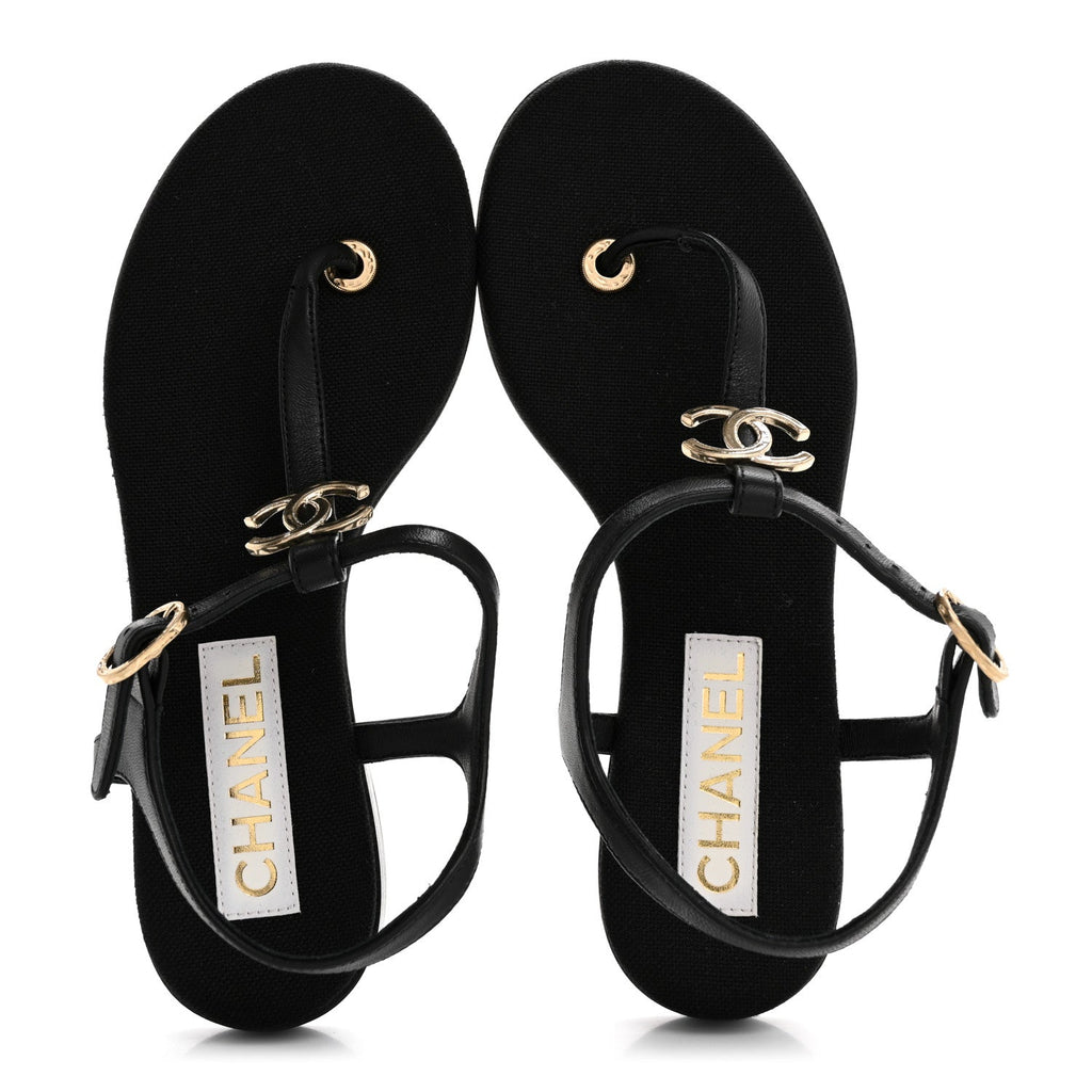Lambskin CC Logo Thong Sandals 36 Black