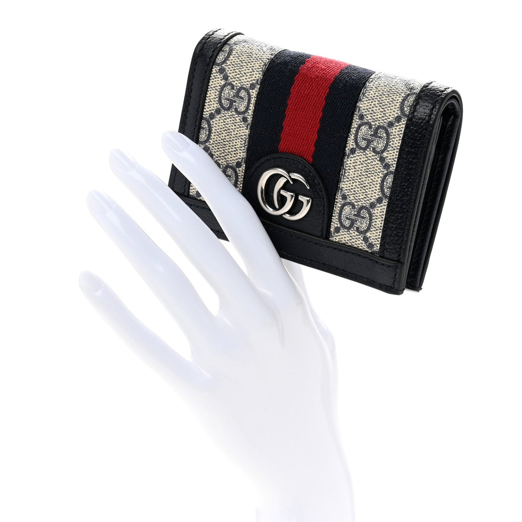 GG Supreme Monogram Textured Dollar Calfskin Web Ophidia Card Case Beige Blue