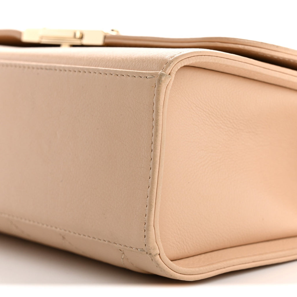 Grained Calfskin Quilted Medium Label Click Flap Bag Beige