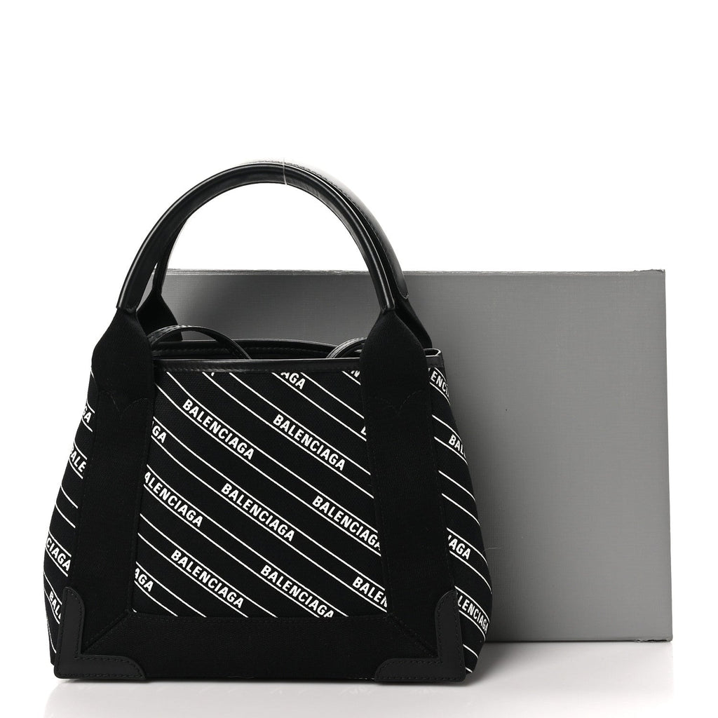 Cotton Canvas Calfskin Logo Print Navy Cabas XS Black White