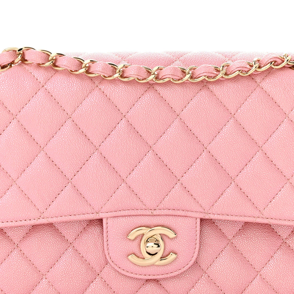 Iridescent Caviar Quilted Medium Double Flap Rose Pink
