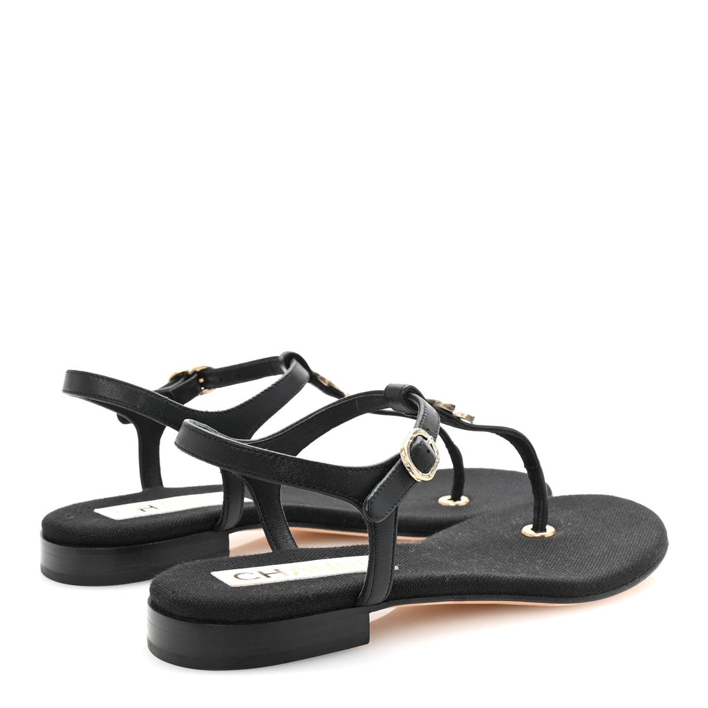 Lambskin CC Logo Thong Sandals 36 Black