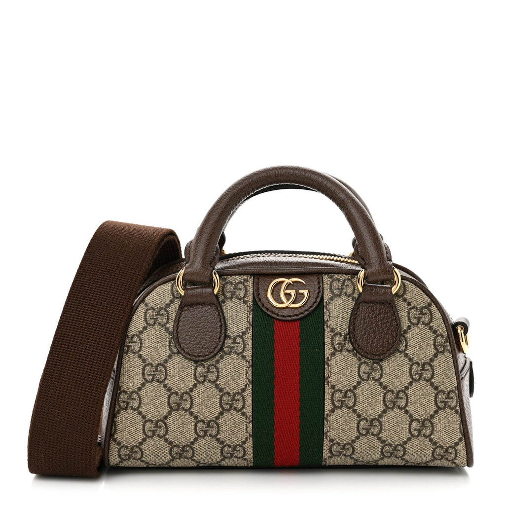 GG Supreme Monogram Textured Dollar Calfskin Web Mini Ophidia Top Handle Bowler Bag Beige Ebony New Acero