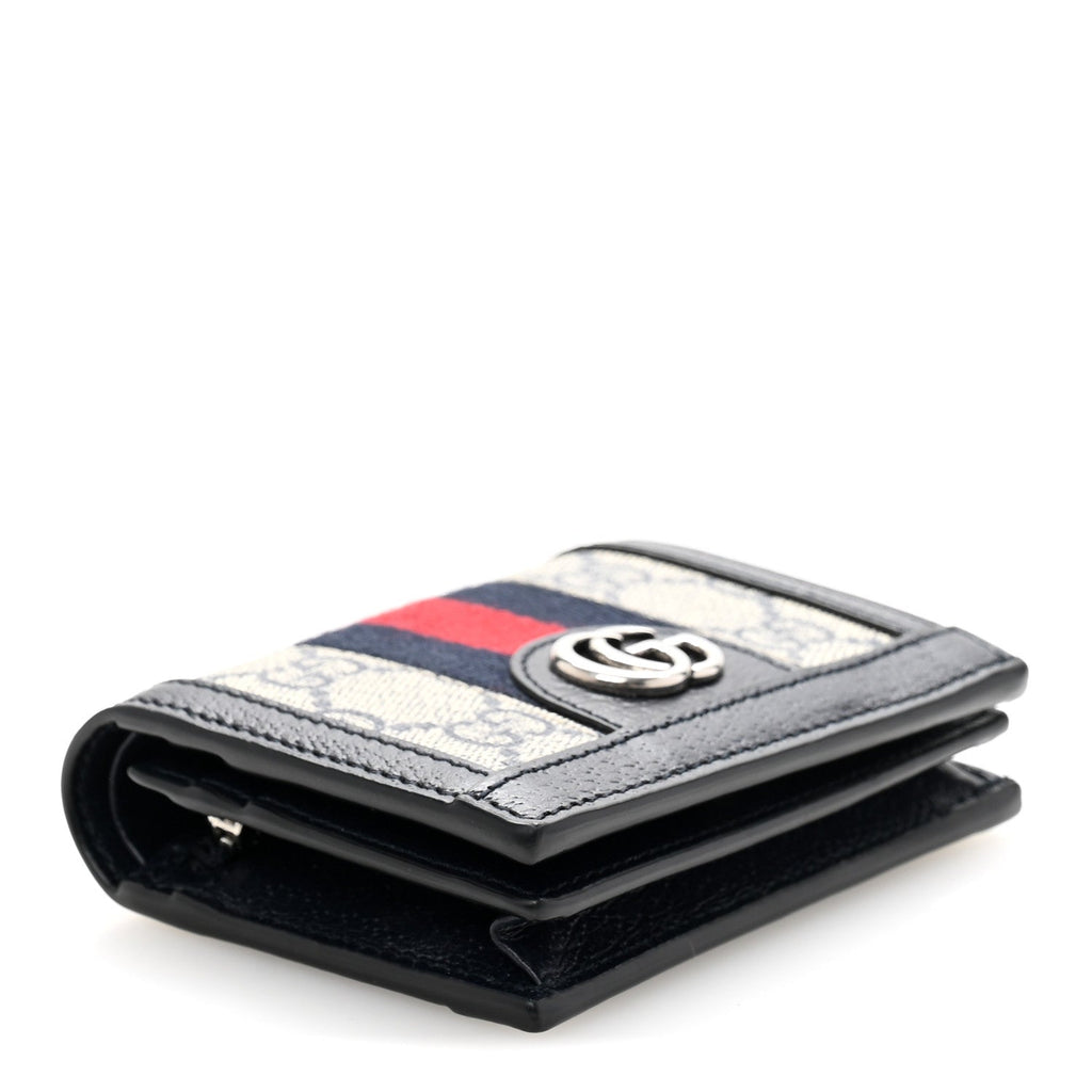 GG Supreme Monogram Textured Dollar Calfskin Web Ophidia Card Case Beige Blue