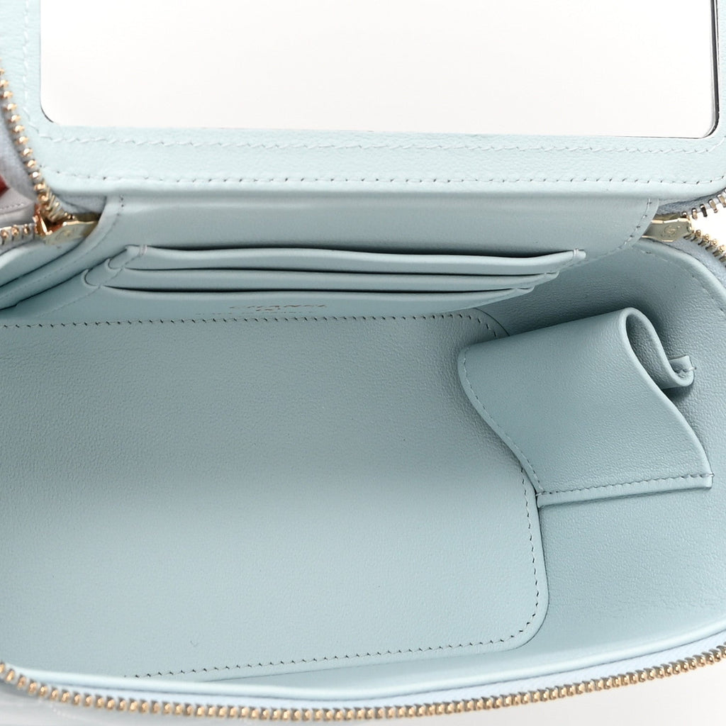 Lambskin Quilted Small Top Handle Vanity Case With Chain Light Blue