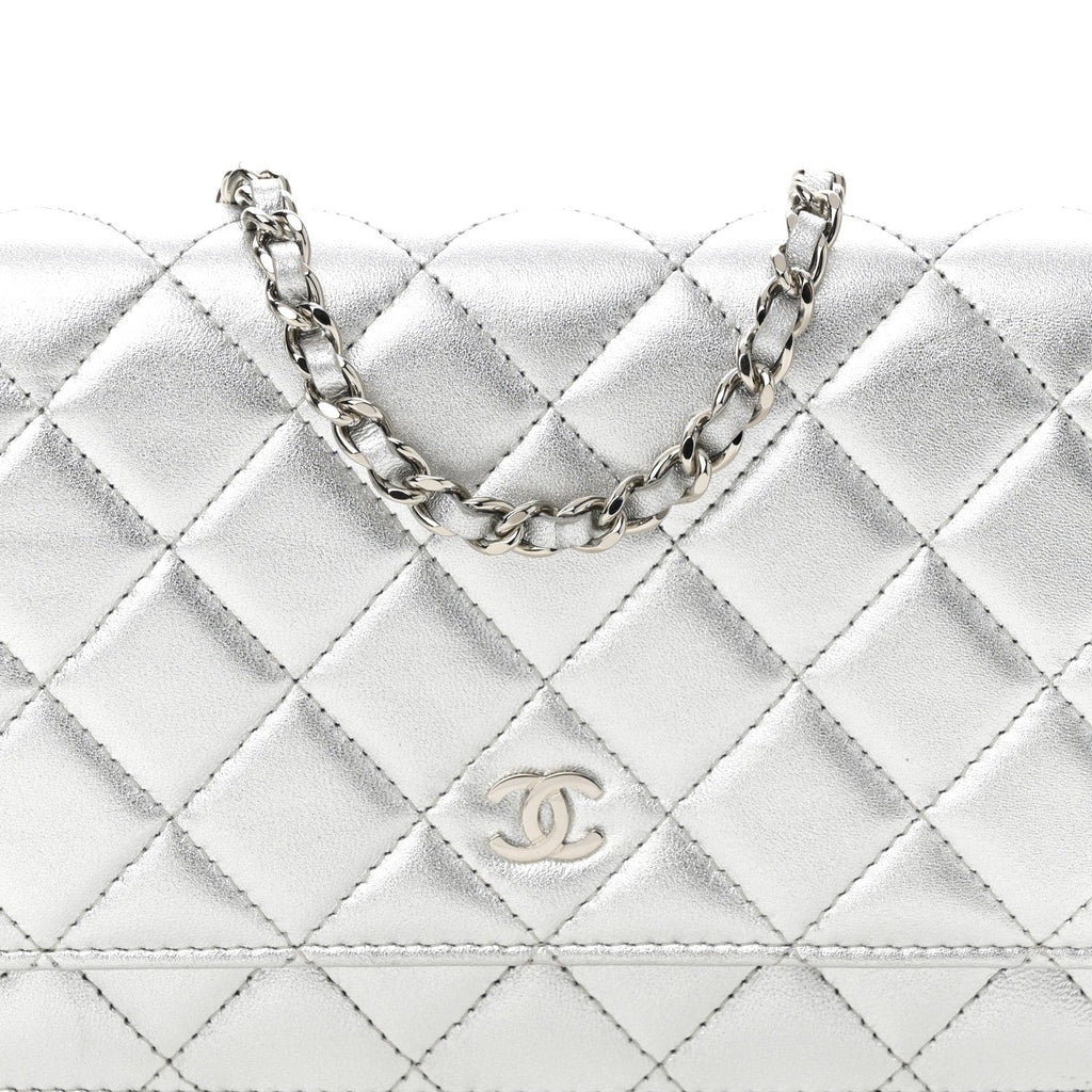 Metallic Lambskin Quilted Wallet On Chain WOC Silver