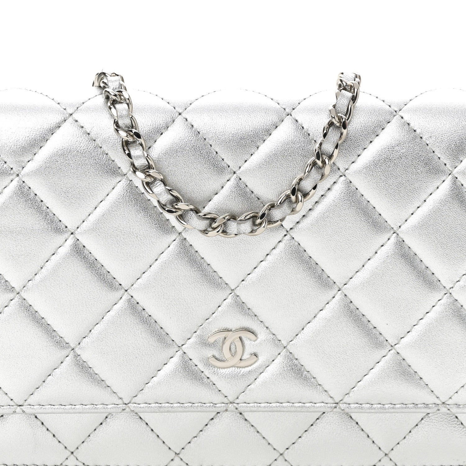 Metallic Lambskin Quilted Wallet On Chain WOC Silver