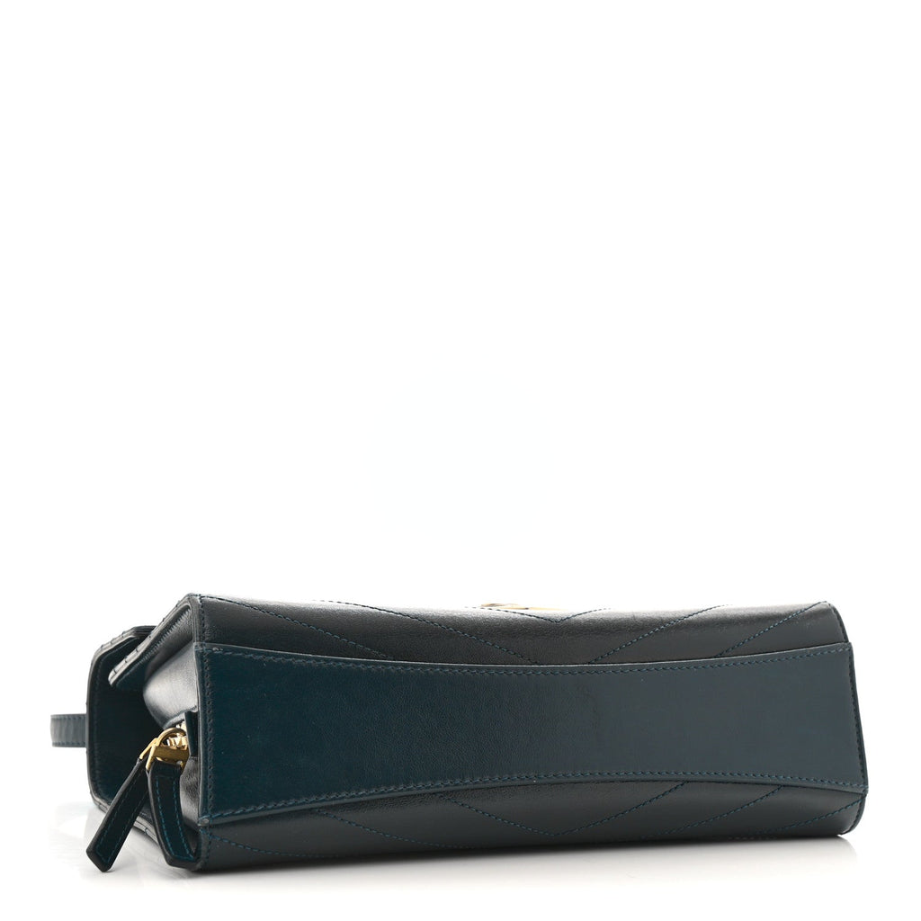 Calfskin Chevron Quilted Medal Flap Blue