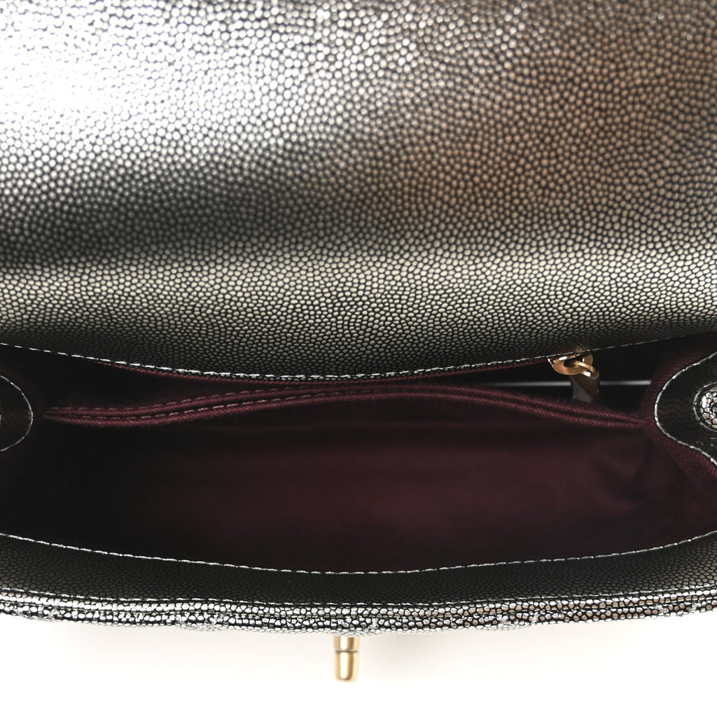 Metallic Caviar Quilted Mini Coco Handle Flap Silver