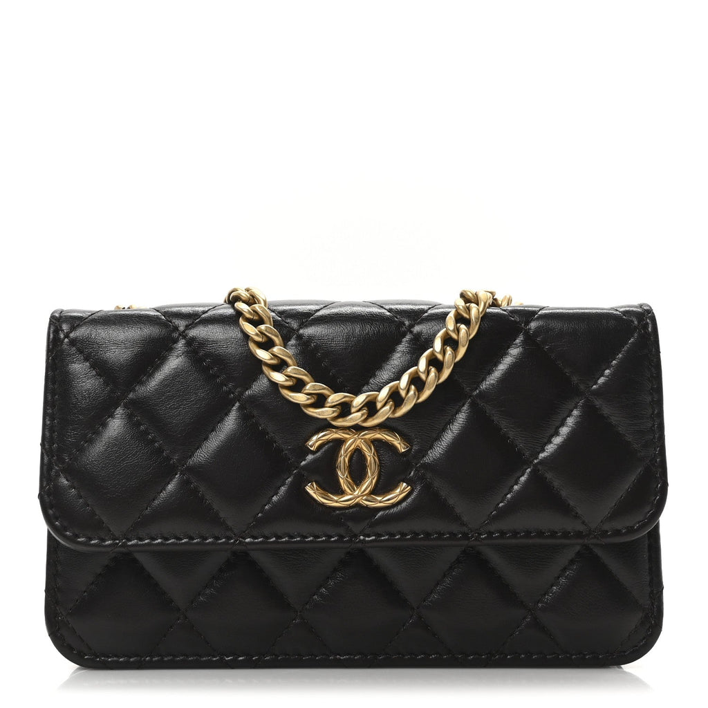 Lambskin Quilted Pillow Crush Flap Phone Holder With Chain Dark Brown