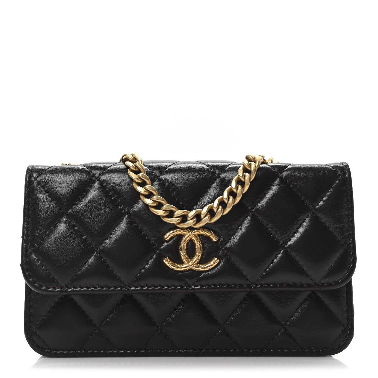 Lambskin Quilted Pillow Crush Flap Phone Holder With Chain Dark Brown