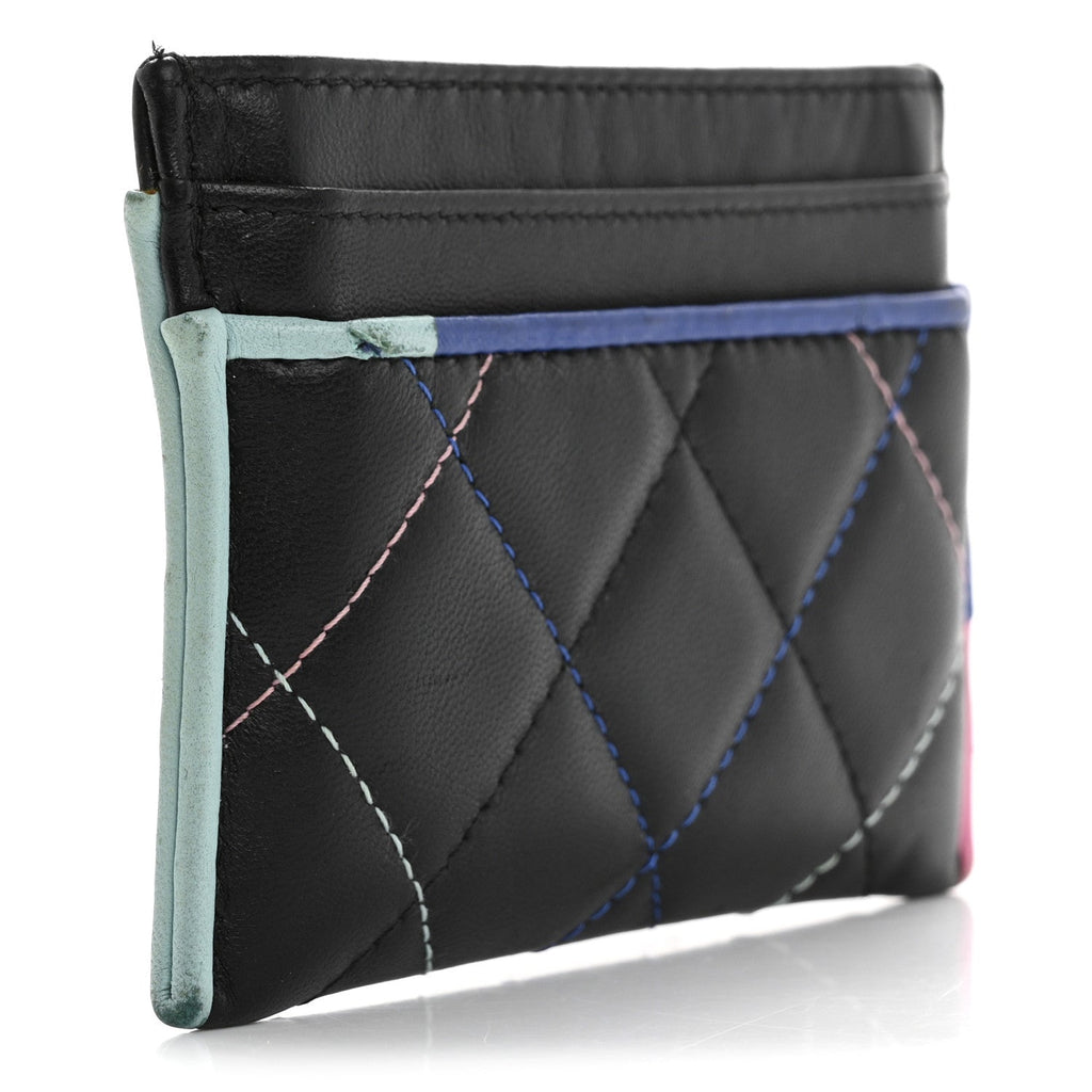 Lambskin Quilted Chanel Card Holder Black Pink Light Blue