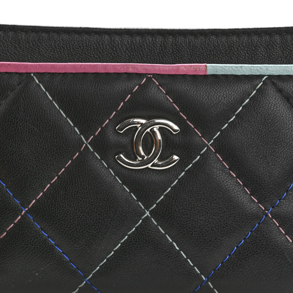 Lambskin Quilted Chanel Card Holder Black Pink Light Blue