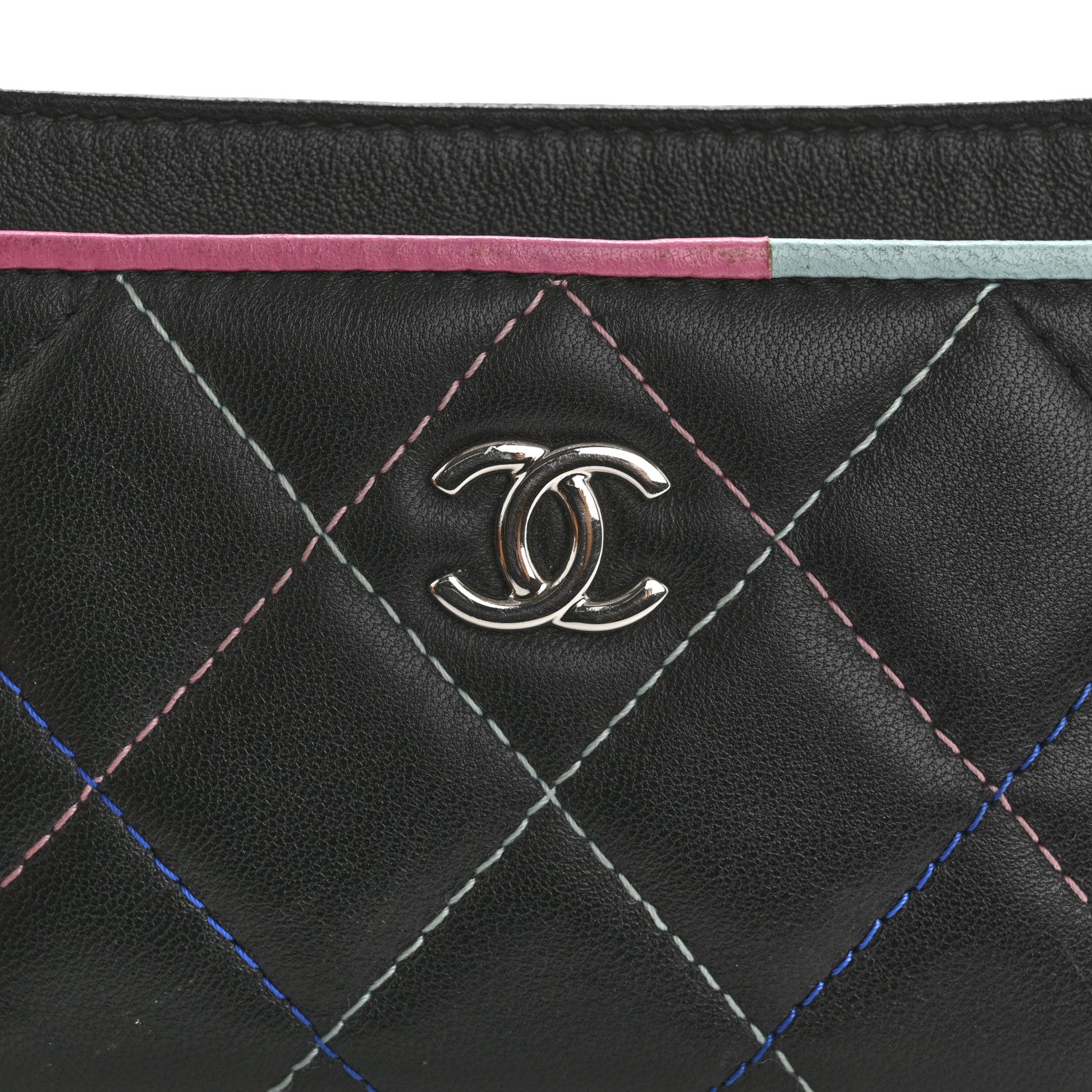 Lambskin Quilted Chanel Card Holder Black Pink Light Blue